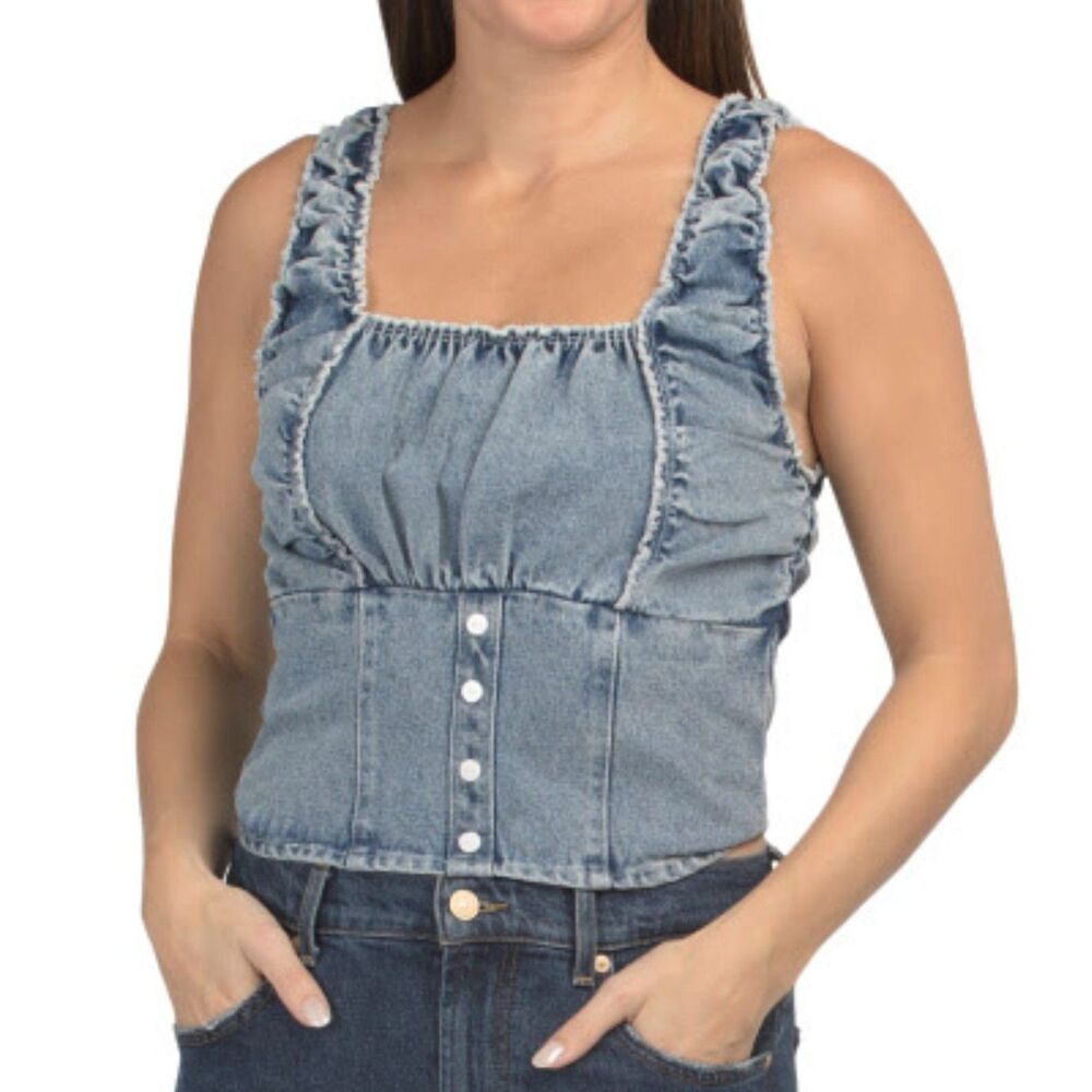 NWT Le Lis Denim Distressed Shirred Back Cropped Tank Top Sz M